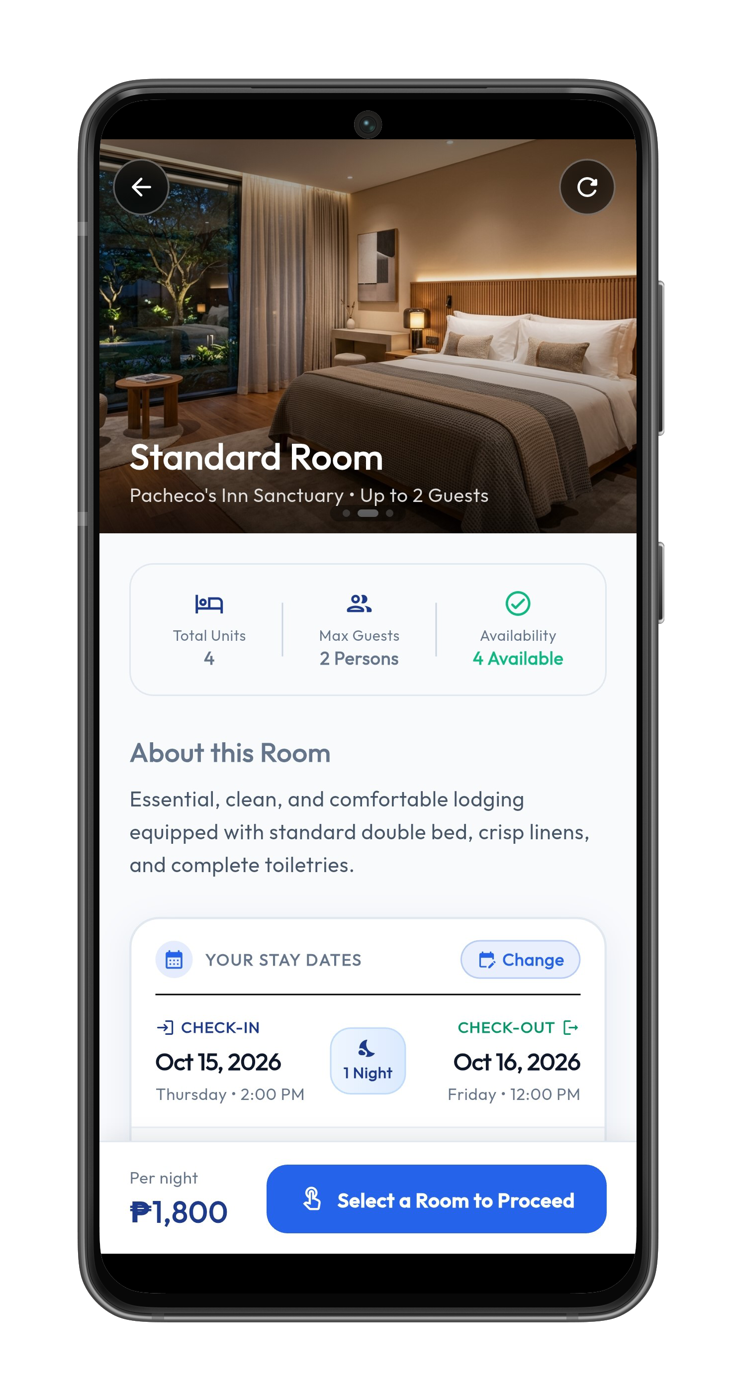 StayEase app: Standard room details