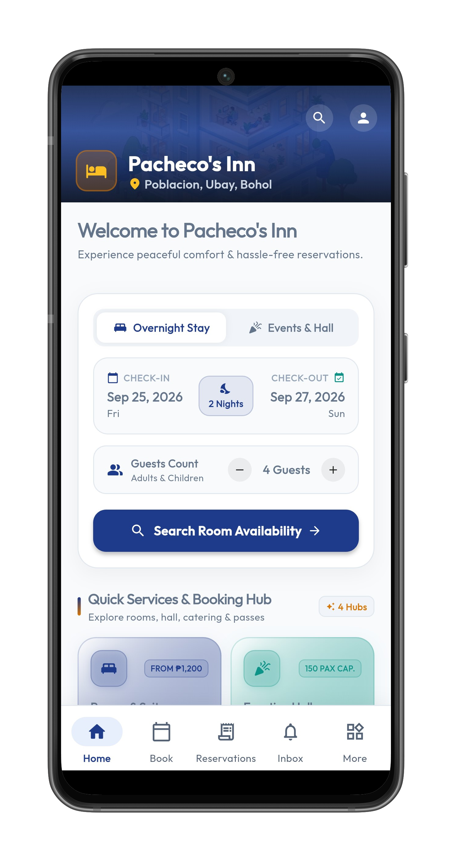 StayEase app: Home and room availability