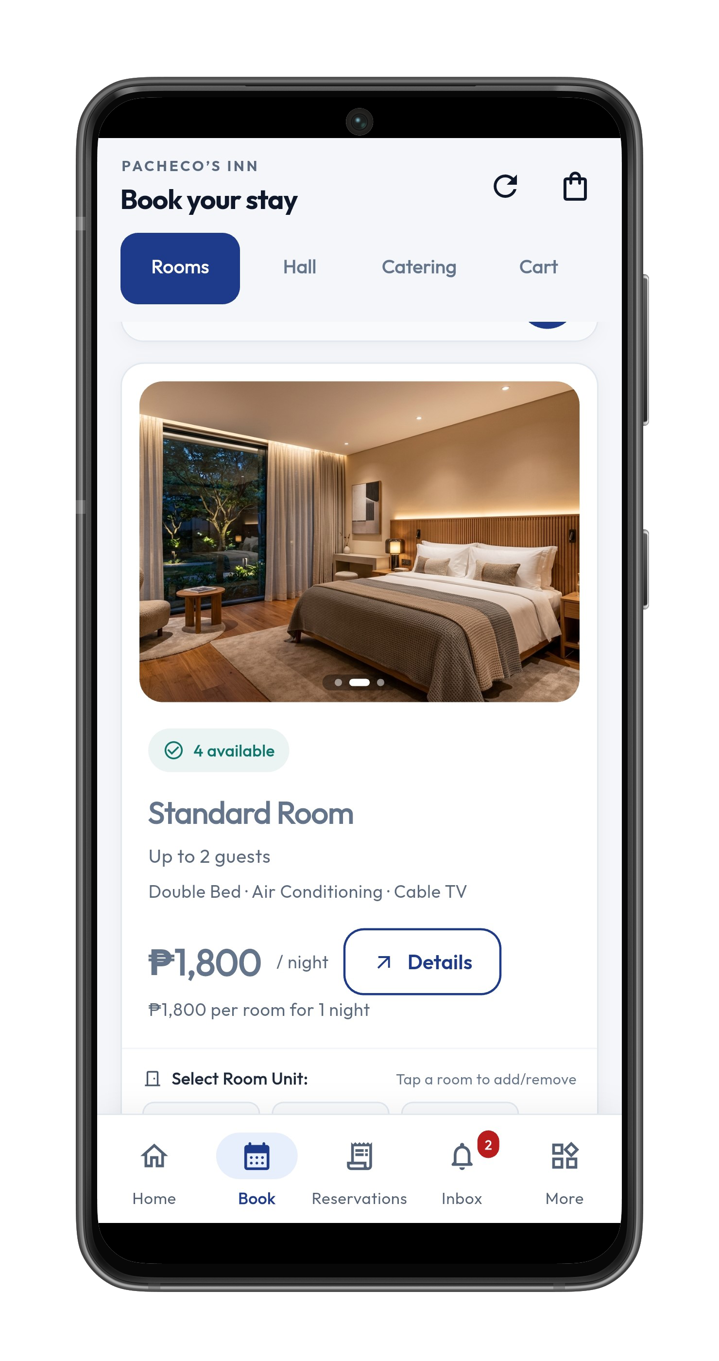 StayEase app: Standard room listing